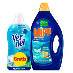 Wipp Detergente en Gel Limpio y Liso de 37 Dosis + Vernel Cielo Azul de 60 Lavados